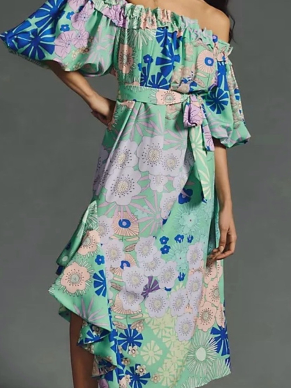 Anthropologie Oopscool Floral Puff Sleeve Off Shoulder Midi Dress Green - Picture 11 of 11